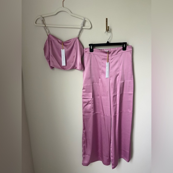 House of Harlow 1960 Pants - House of Harlow 1960 pink Chain strap crop top & wide leg pant 2 piece set